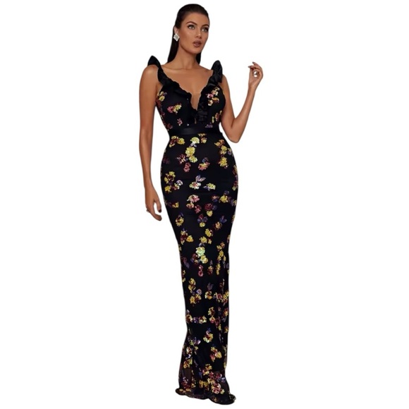 Lin Lin Q Miss Ord Black Floral Sequin Plunge Neck Dress Size XL NWT - Picture 1 of 10